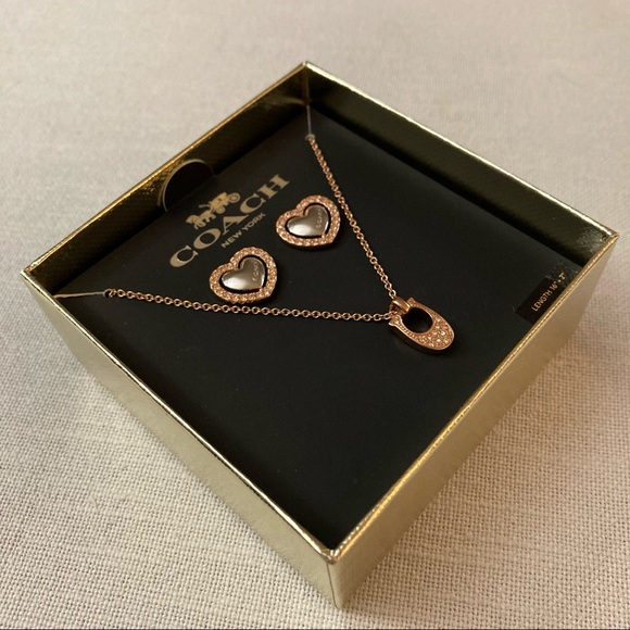 Coach Rose Gold Silver Necklace Studs Earrings Heart Crystals Gift Set Box $128 - Picture 5 of 8